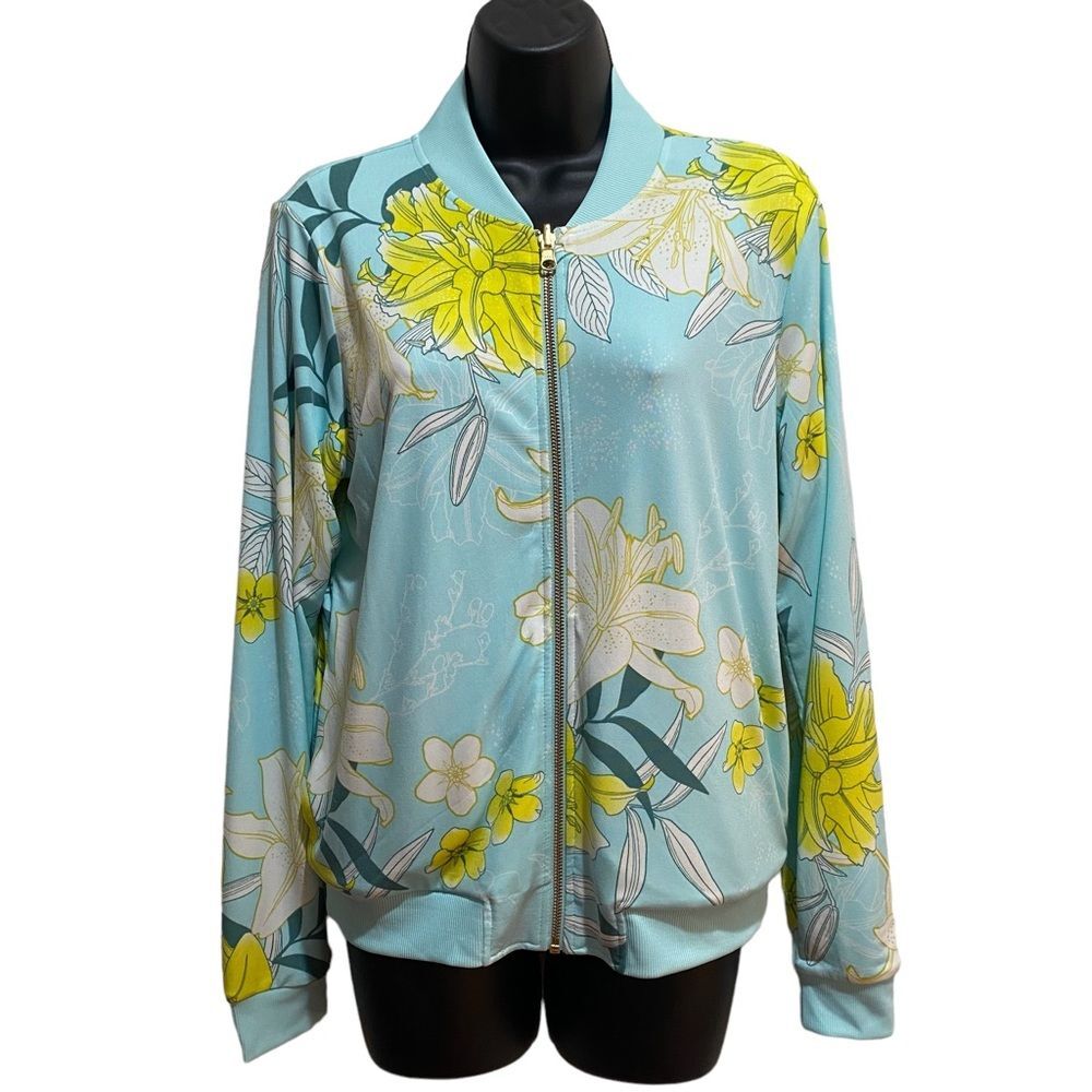 Iman Global Chic Reversible Floral/Solid Zip Front Knit Bomber Jacket Sz XS